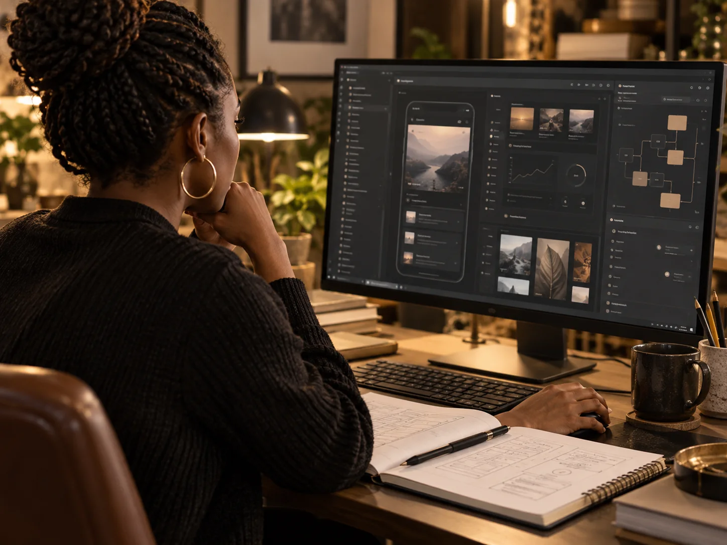 Software engineer reviewing a product interface in a warm studio