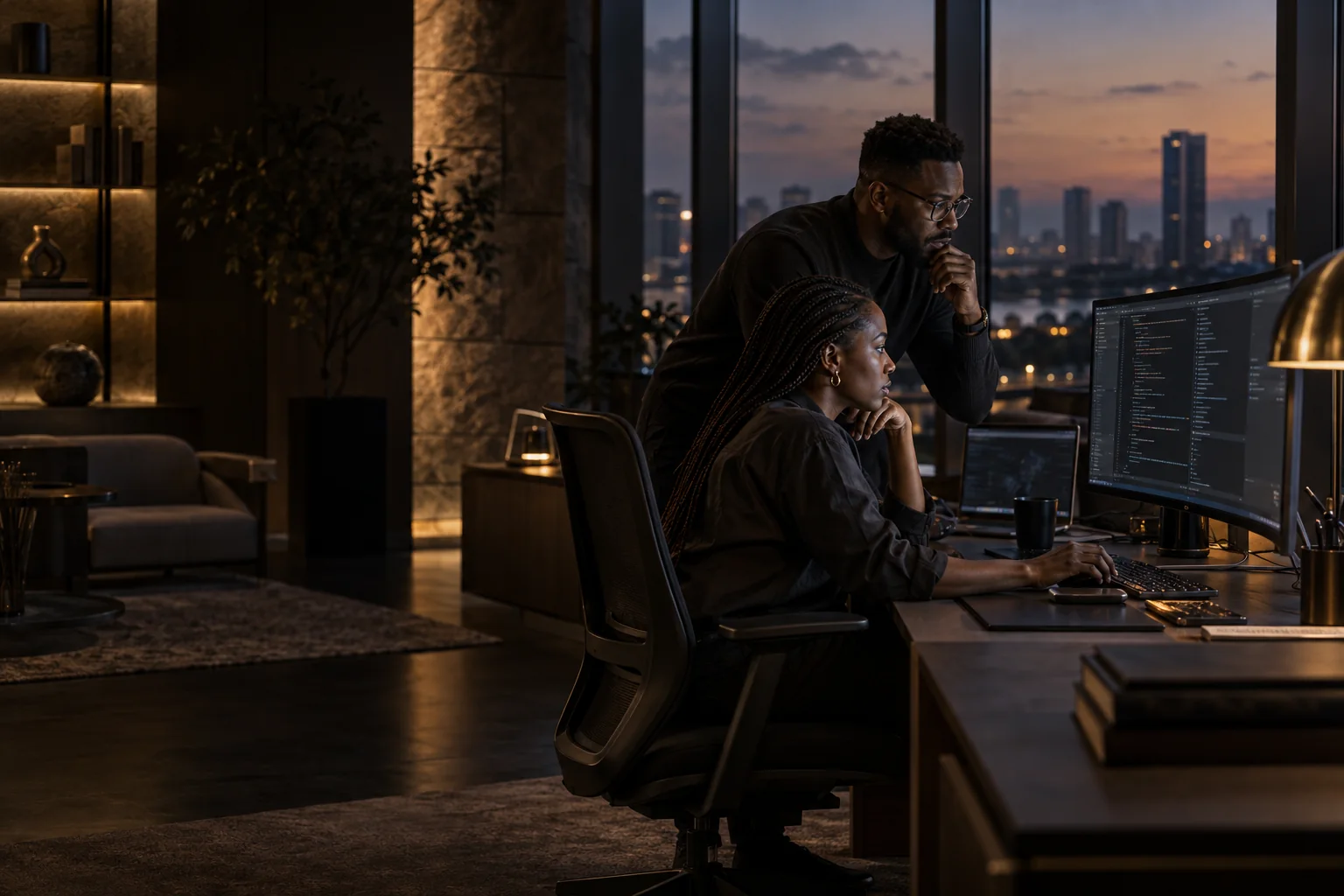 Two software professionals collaborating in a warm studio at dusk